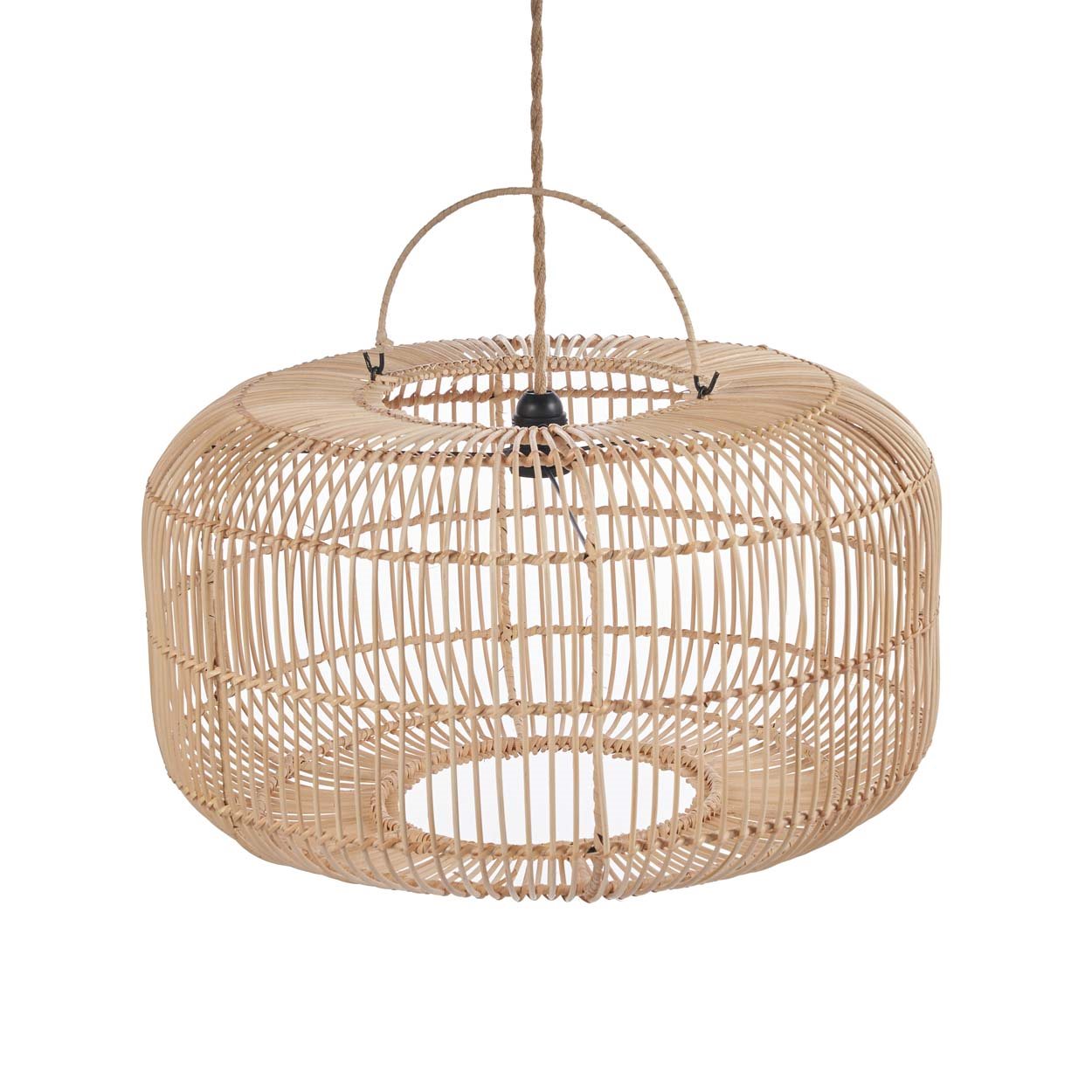 Large boho lamp shade in natural rattan as a round pendant light and hanging lamp shade