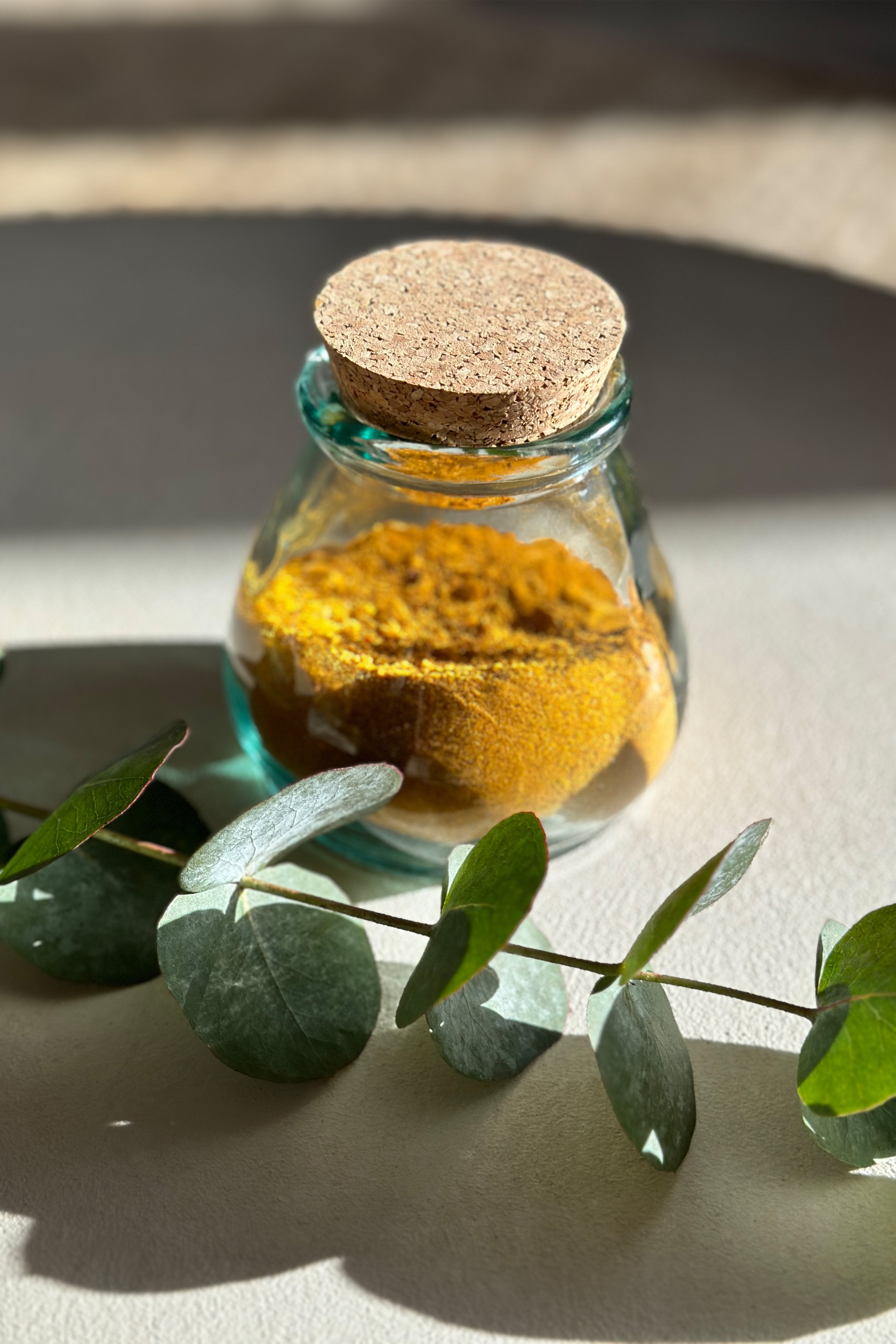 Handcrafted blue glass jar with natural wood lid, medium size