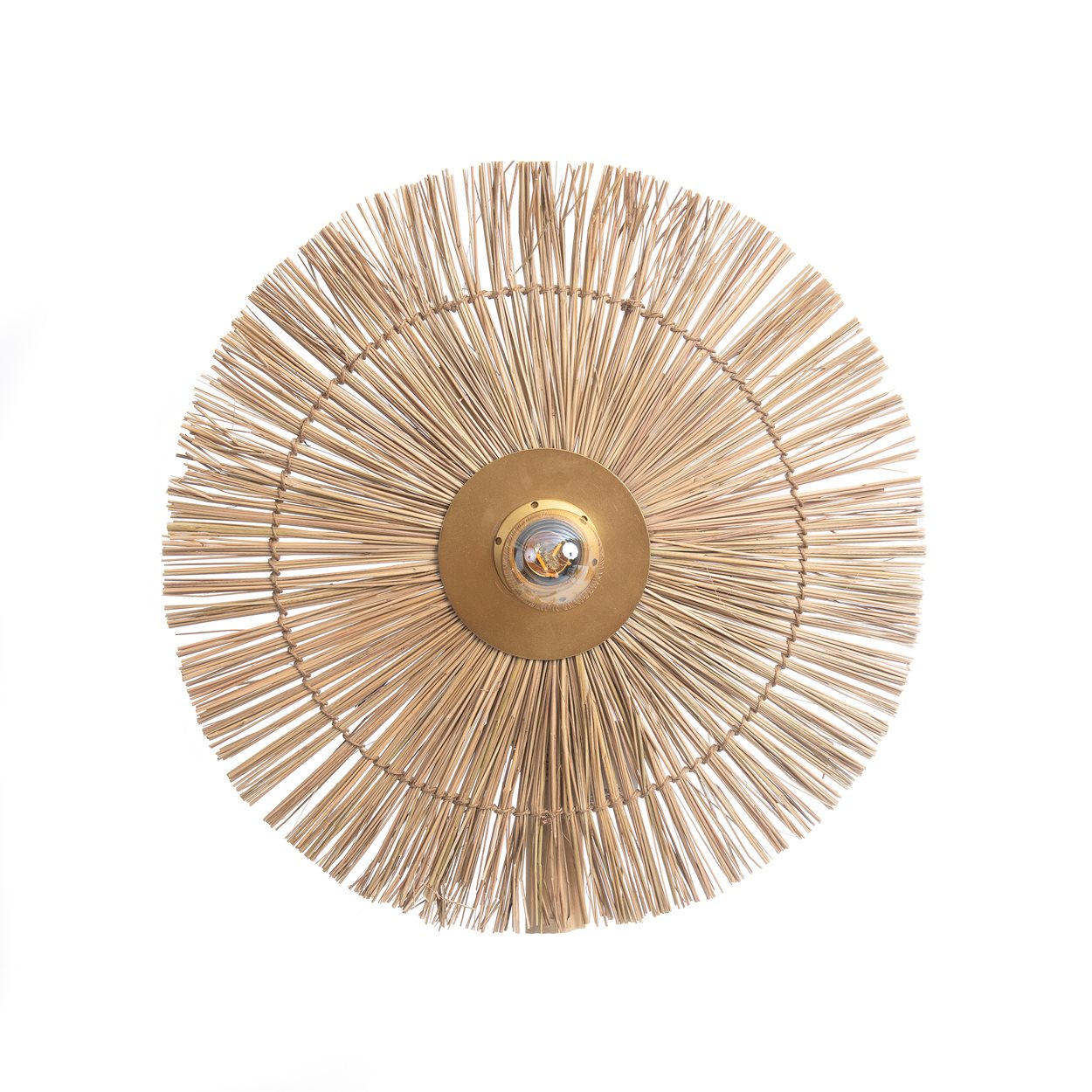 Brass gold wall sconce with a handwoven natural shade, medium size, perfect for adding warm, decorative light to modern or boho interiors.