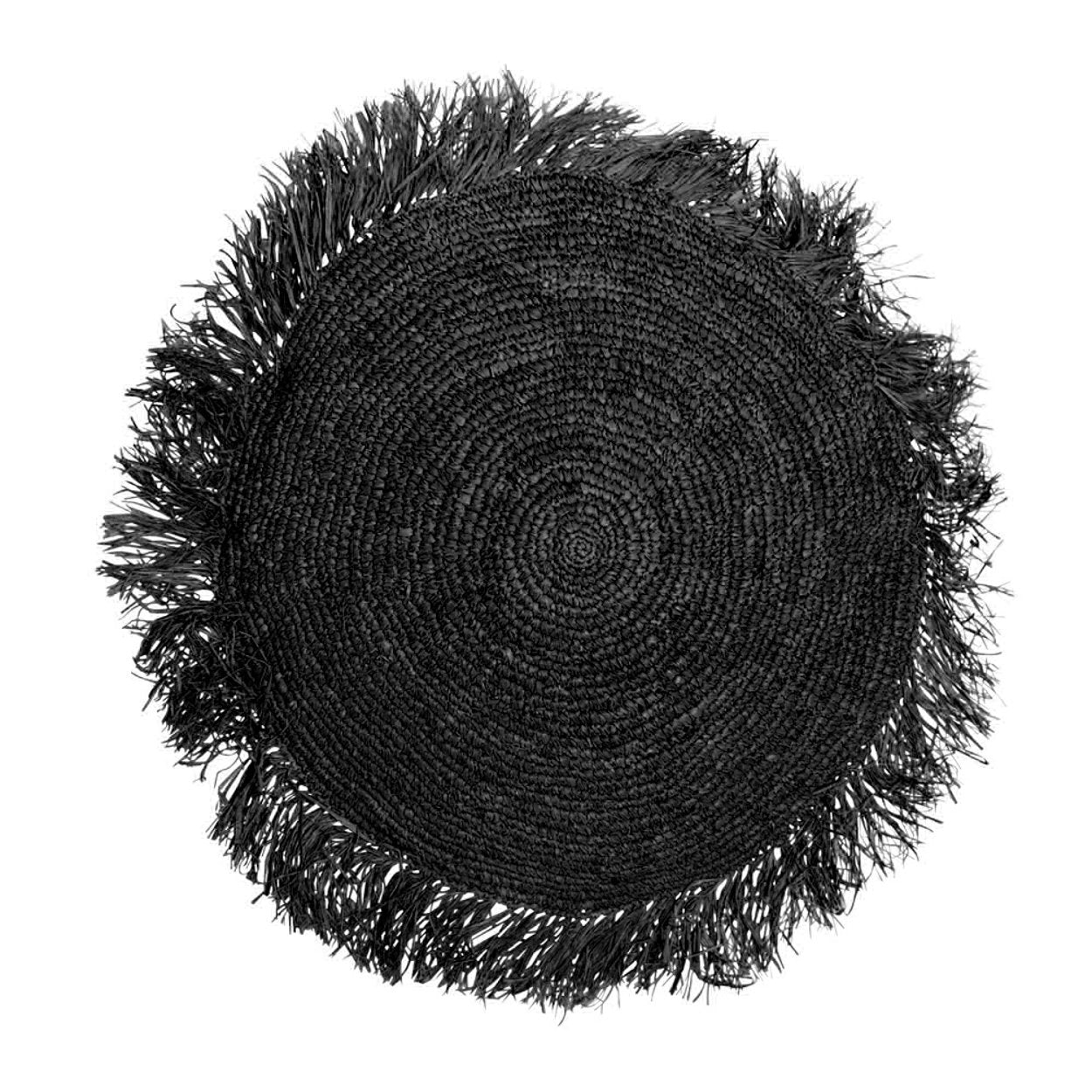 Round raffia cushion cover 60x60 in black with fringe detailing
