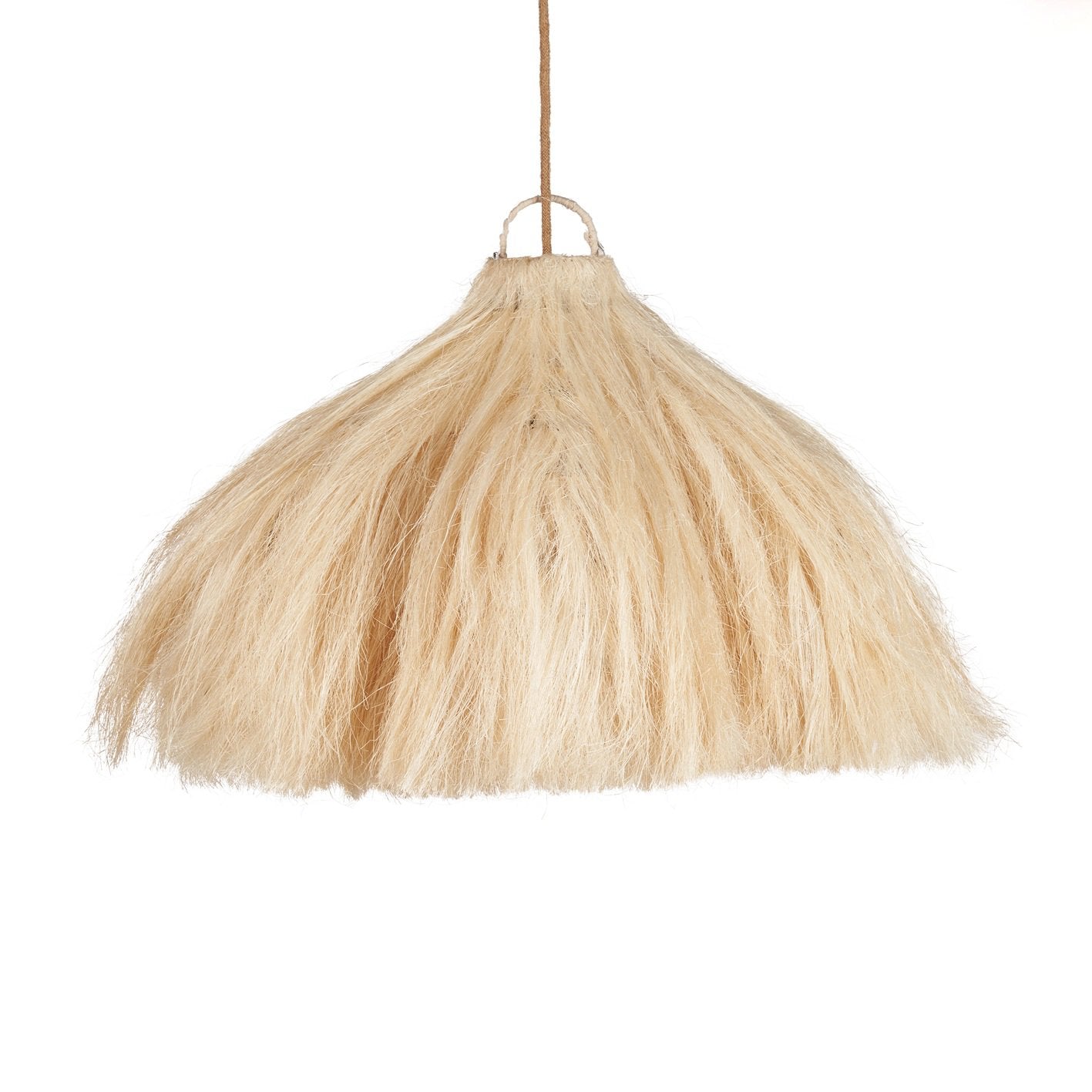 Organic rami pendant light in off-white, creating a soft atmosphere with woven textures