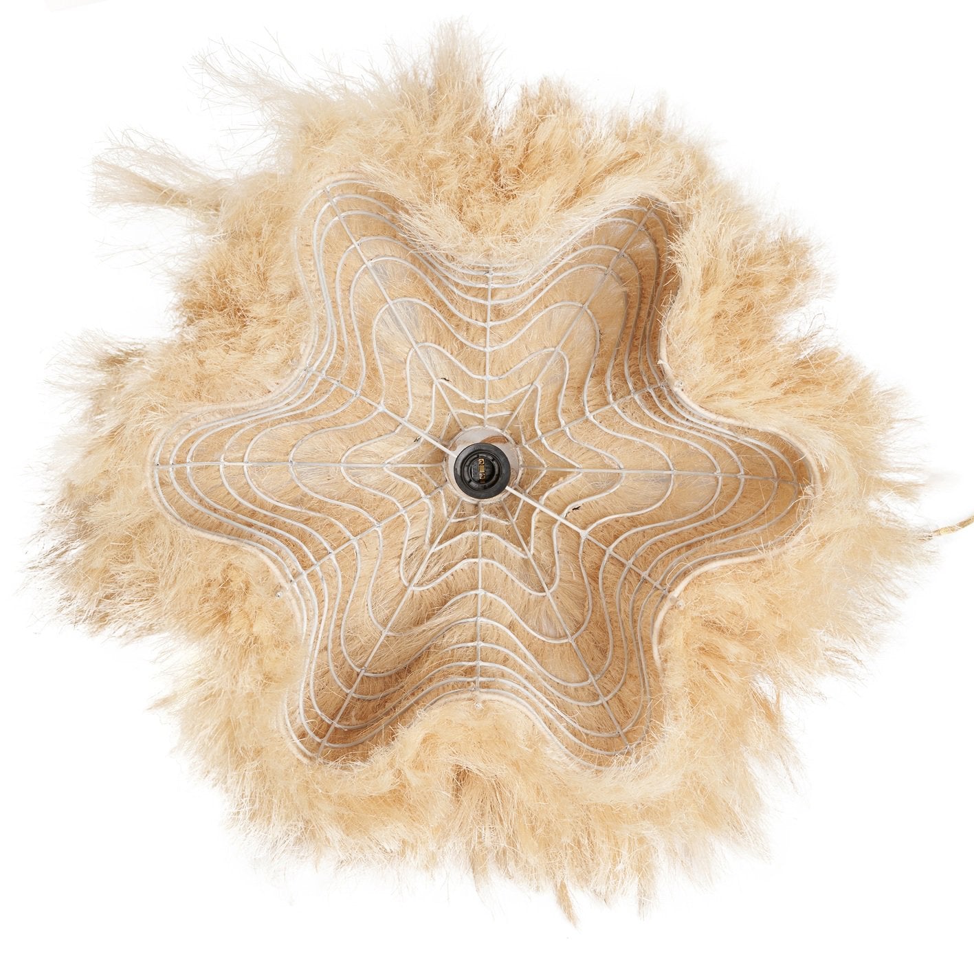 Natural rami pendant light with layered hemp design, offering a calm and organic glow