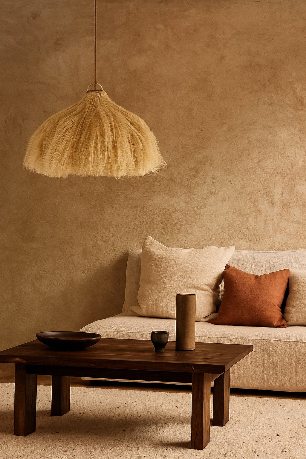 Medium rami pendant light with natural hemp texture, ideal for soft ambient room lighting