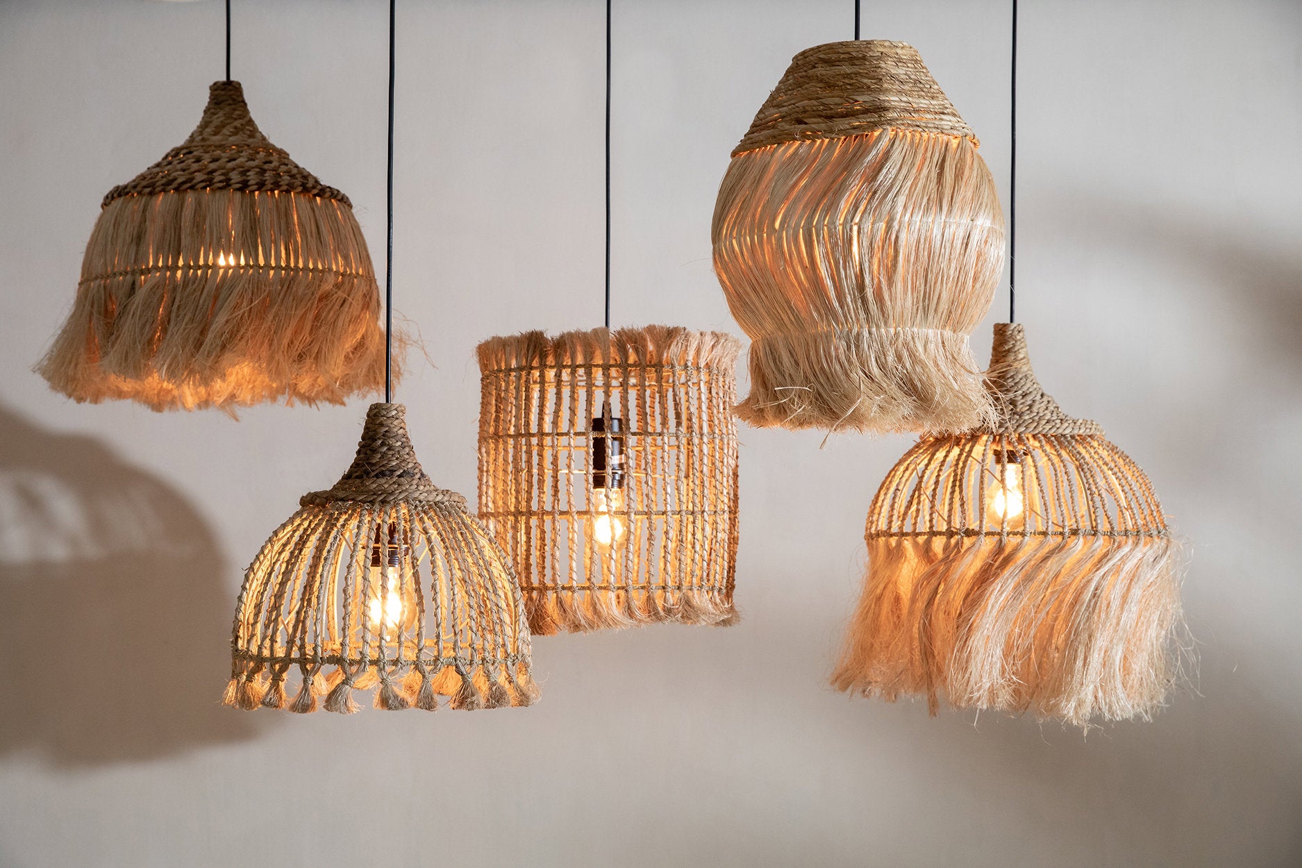 Hanging lamp for living room made from abaca, adding warm ambient light with a natural finish