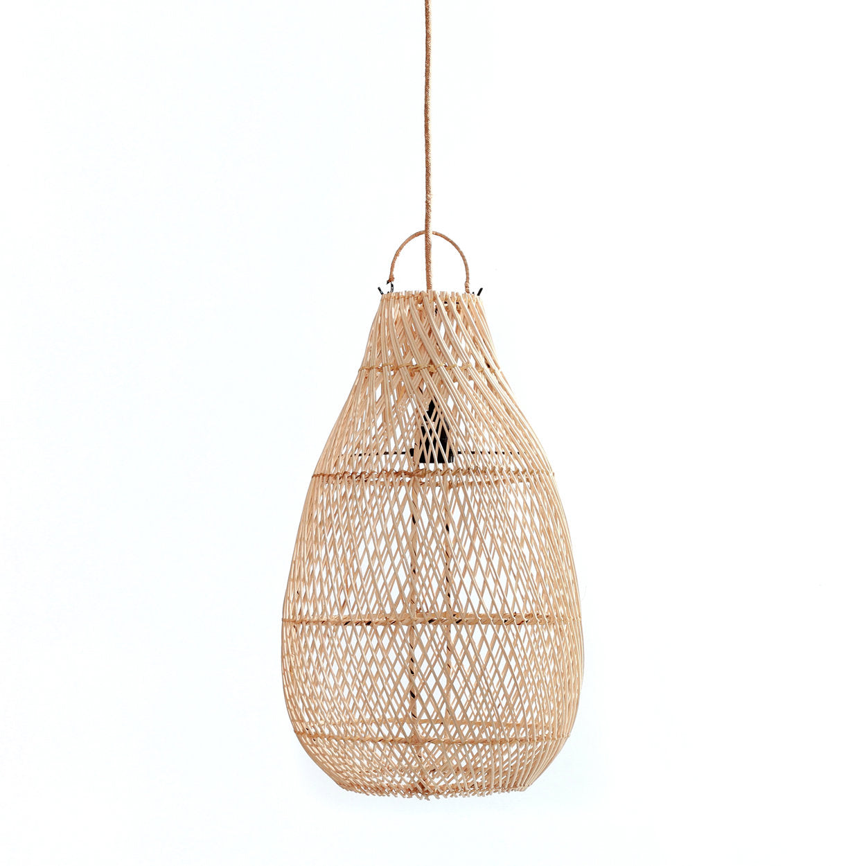 Natural rattan pendant lamp with intricate handwoven pattern, ideal as a ceiling or floor lamp shade for rustic interiors