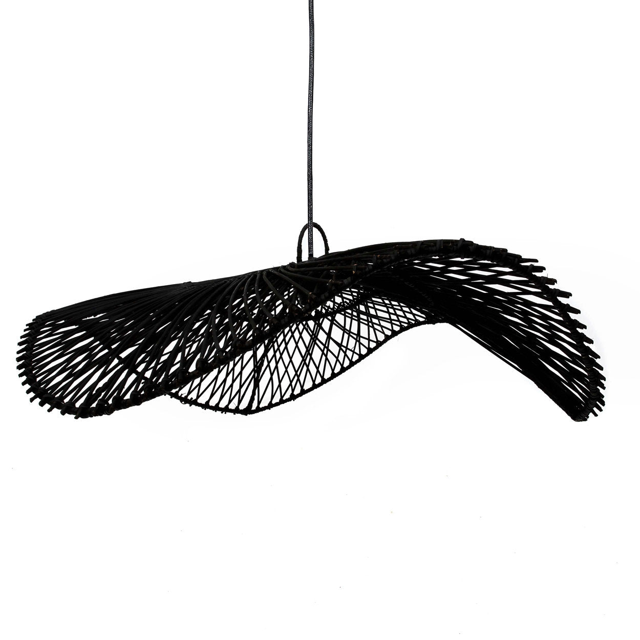 Black rattan pendant light with wide woven design as boho hanging lamp for dining or living spaces