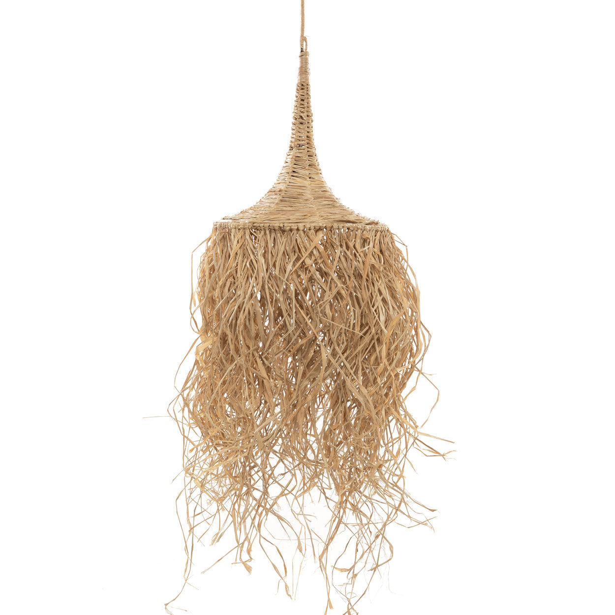 Tall woven grass lamp shade made from raffia and rattan, perfect as a boho hanging lamp shade for indoor or covered outdoor use