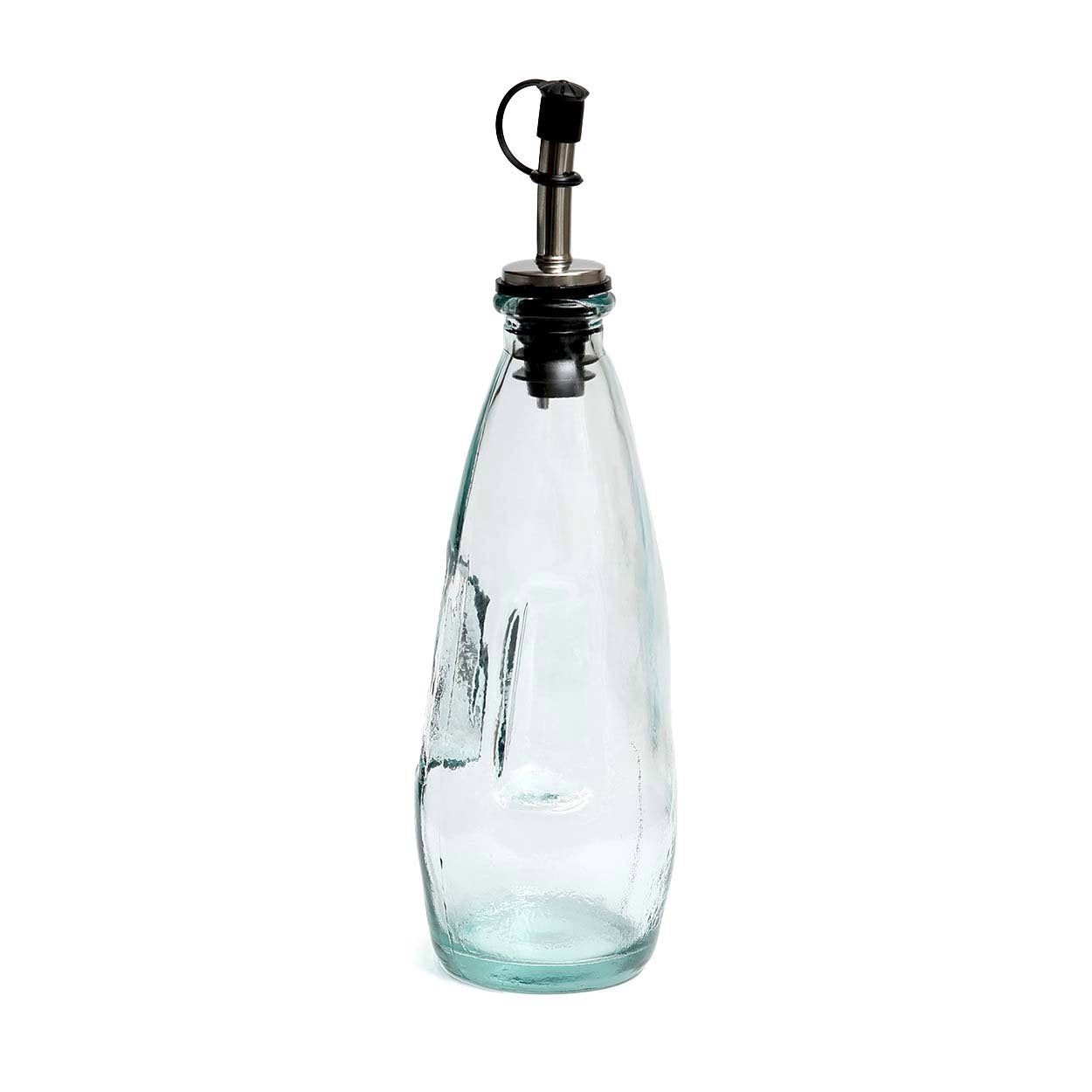 Blue olive oil bottle handcrafted from recycled glass for stylish pouring