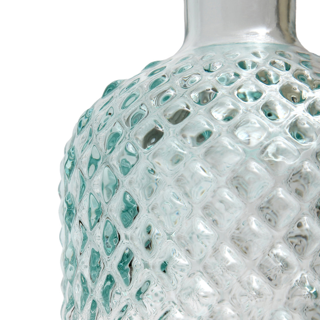 Blue small water bottle glass with engraved surface texture