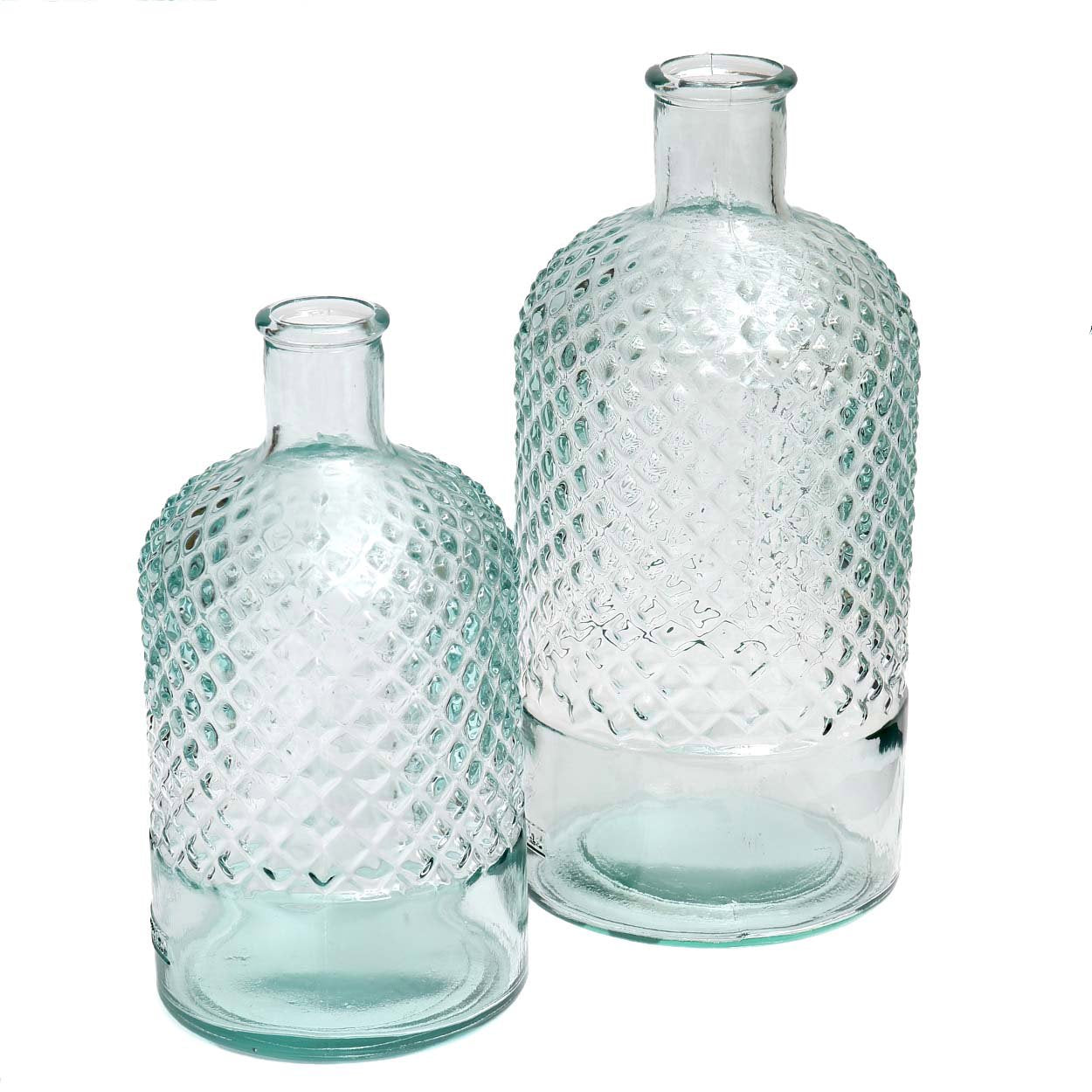 Sustainable glass bottle with elegant carved design in blue