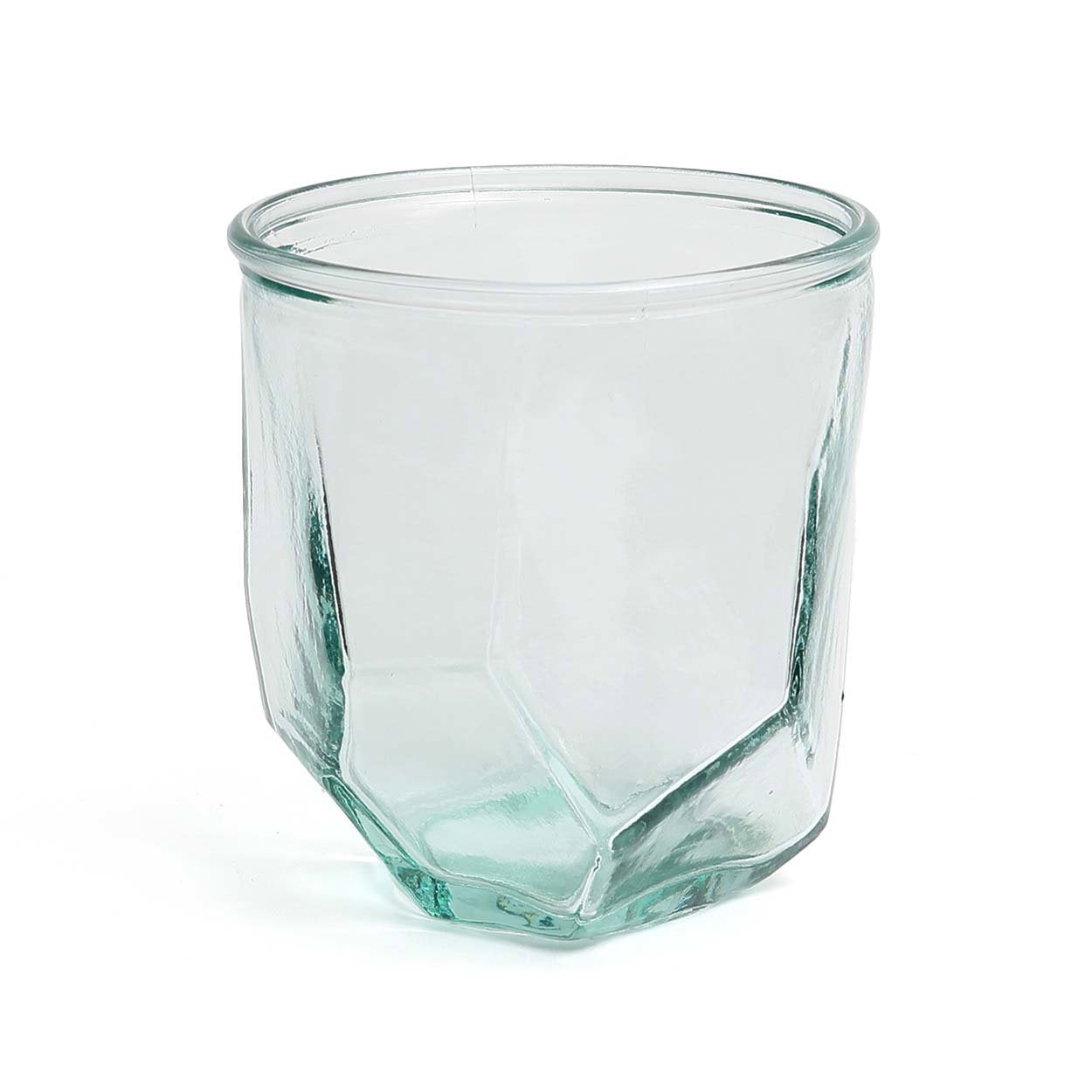 Lightweight blue glass tumbler with artistic folded pattern for comfortable grip