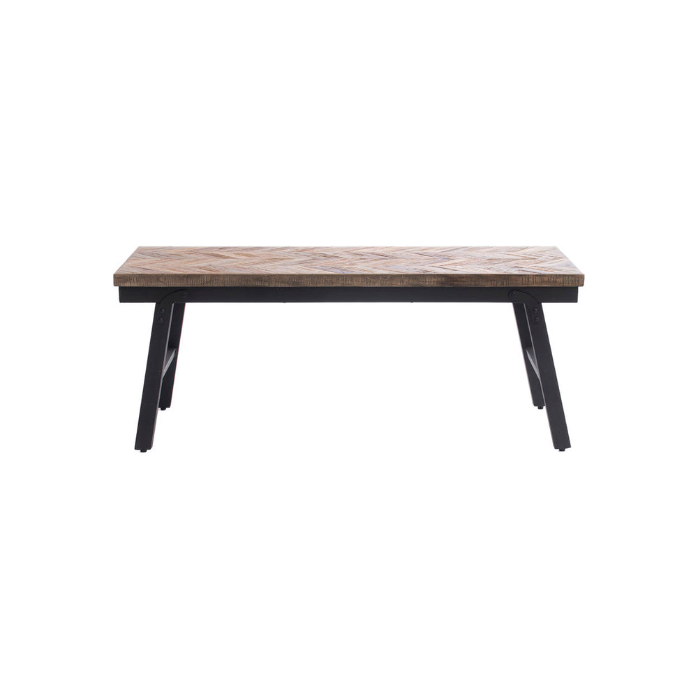 A 110 cm backless indoor bench with teak seating in a herringbone pattern and iron legs.