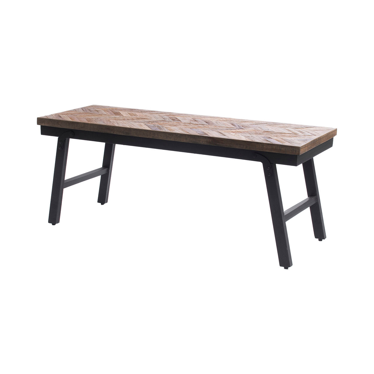 Elegant teak wood herringbone bench 110 cm, with black iron frame