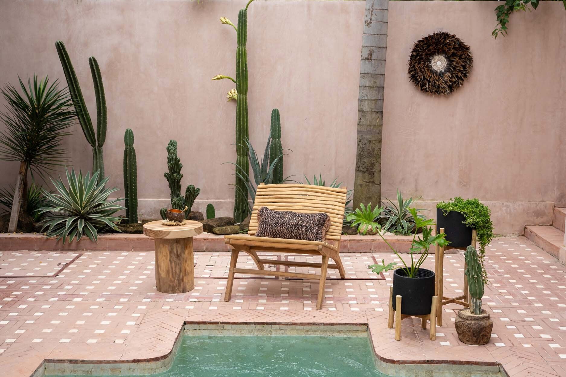 Handcrafted boho teak wood lounge chair, ideal for outdoor lounging