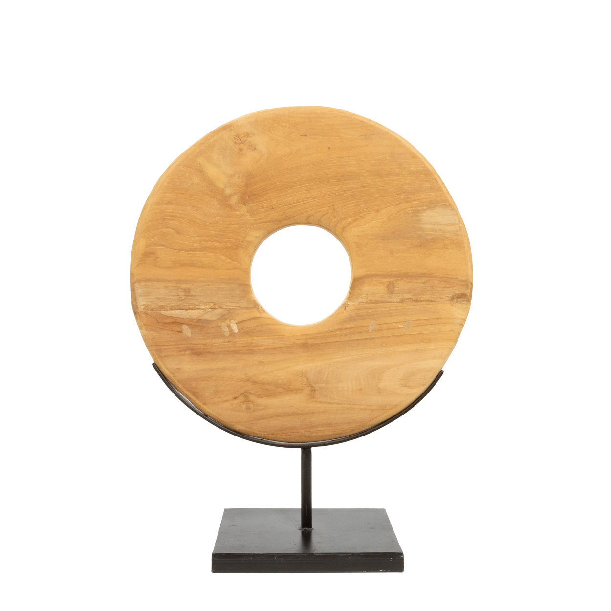 Teak disc tabletop sculpture on black metal stand, medium size