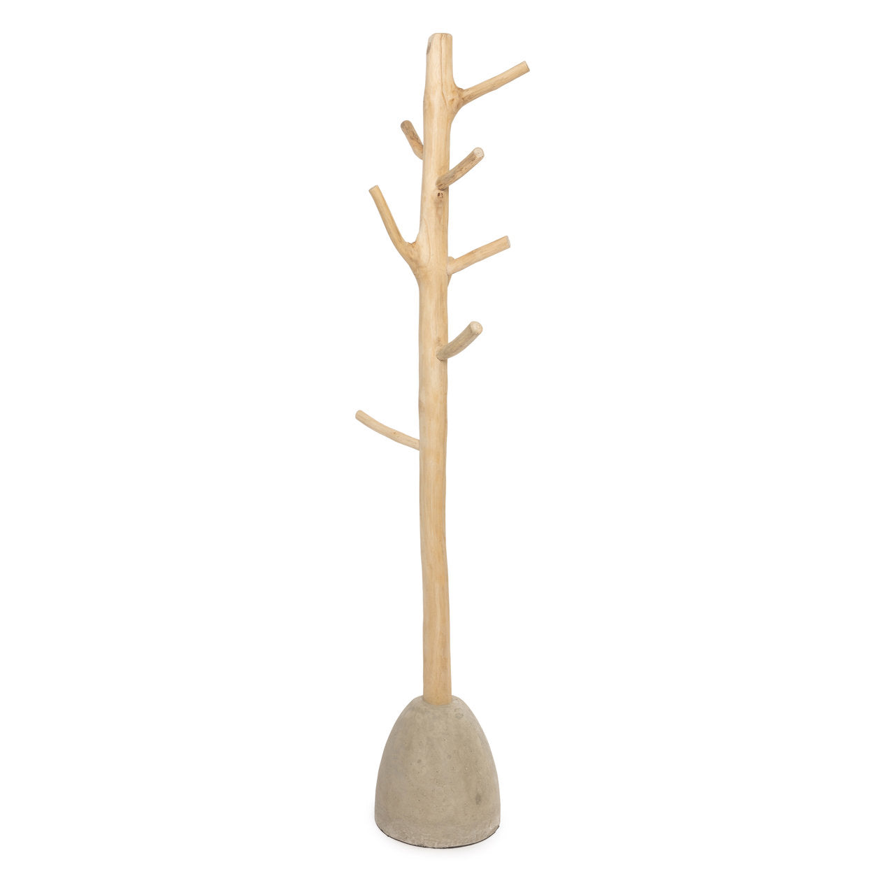Standing coat hanger wood crafted from teak and concrete ,  natural finish