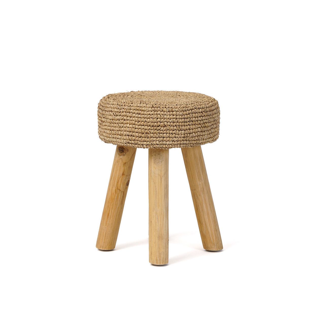 Woven raffia stool with teak wood legs and natural finish