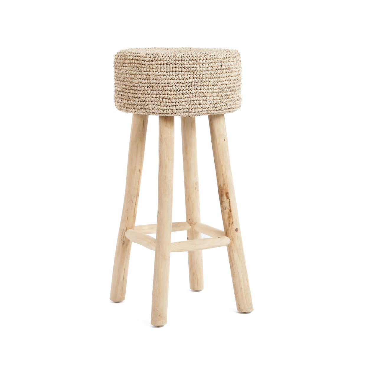Tall bar stool crafted from raffia and teak wood