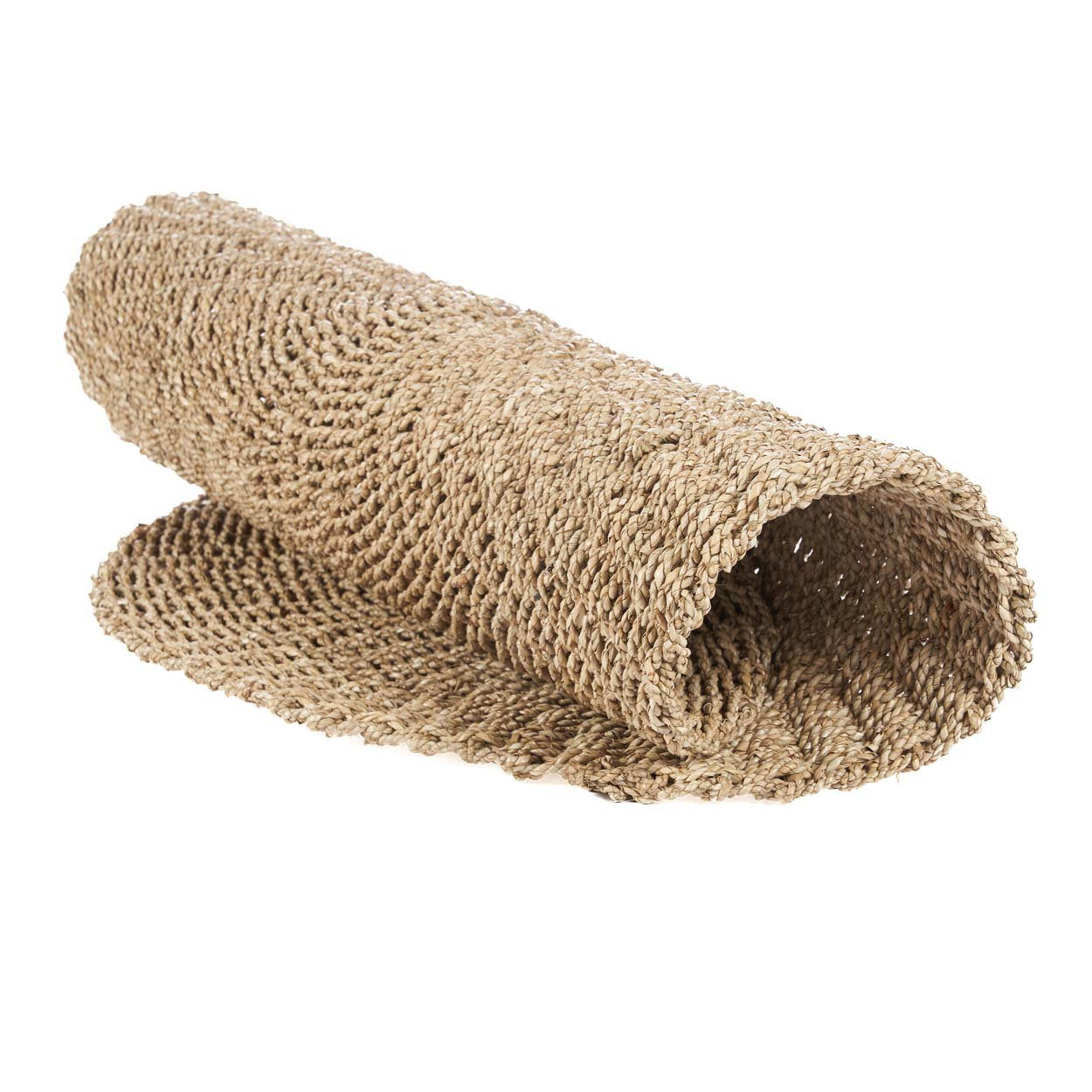 Handwoven small round rug with earthy tones, suitable for rustic and minimalist spaces.