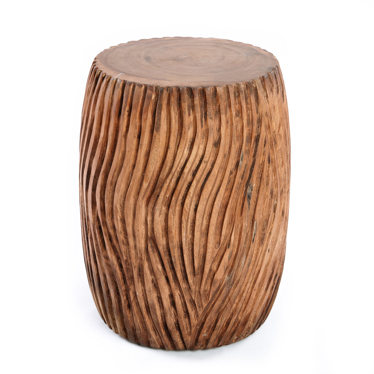 Handcrafted wood stool side table made from suar wood with carved ring-like patterns