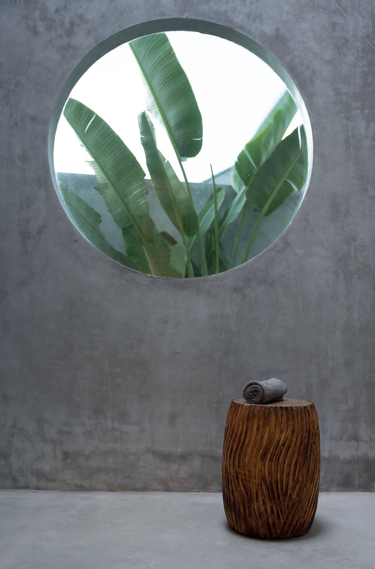 Wood stool side table with carved wave grooves