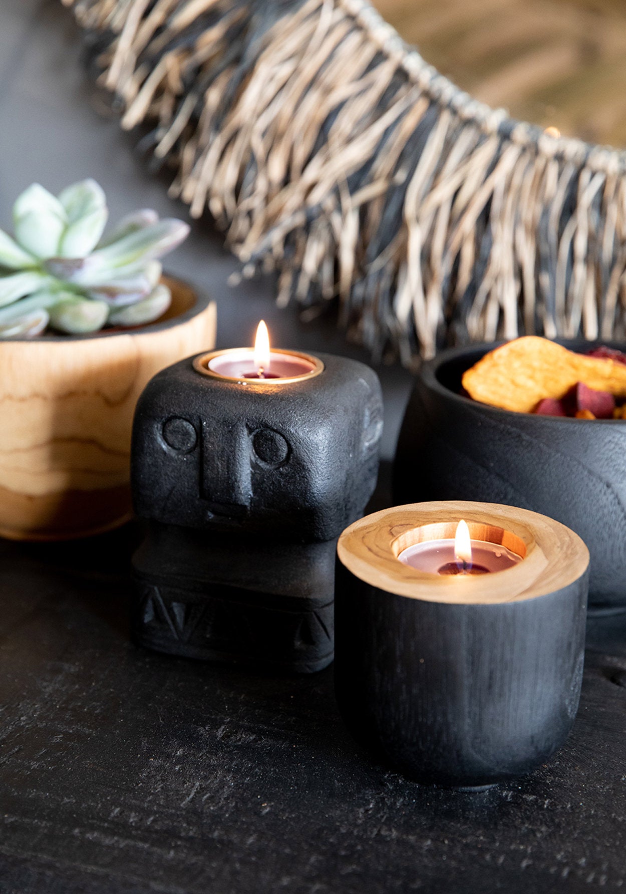 Minimalist wooden serving bowl in bold black tone, designed for contemporary and boho-inspired interiors.