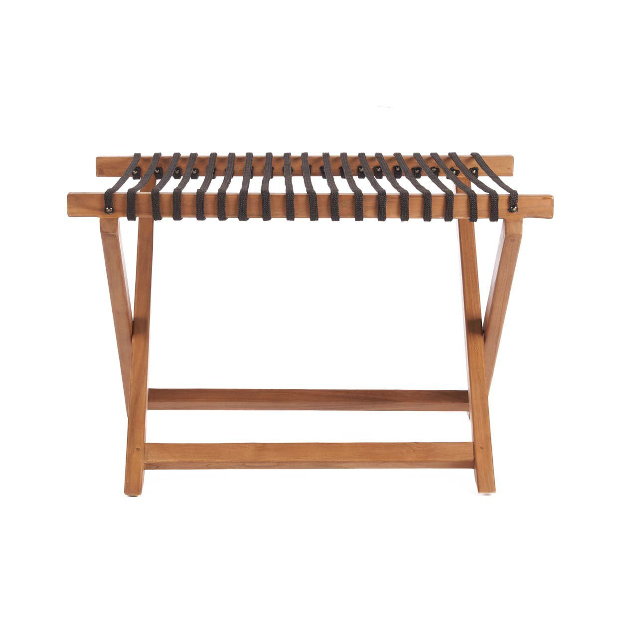 Handcrafted wooden luggage rack with strong woven fabric top