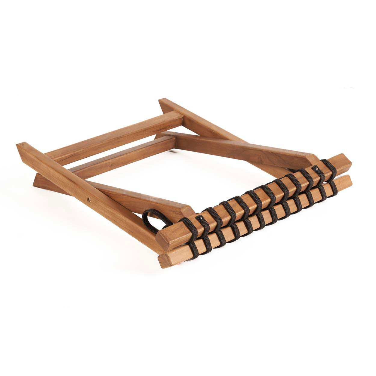 Teak luggage rack with durable fabric top for added support