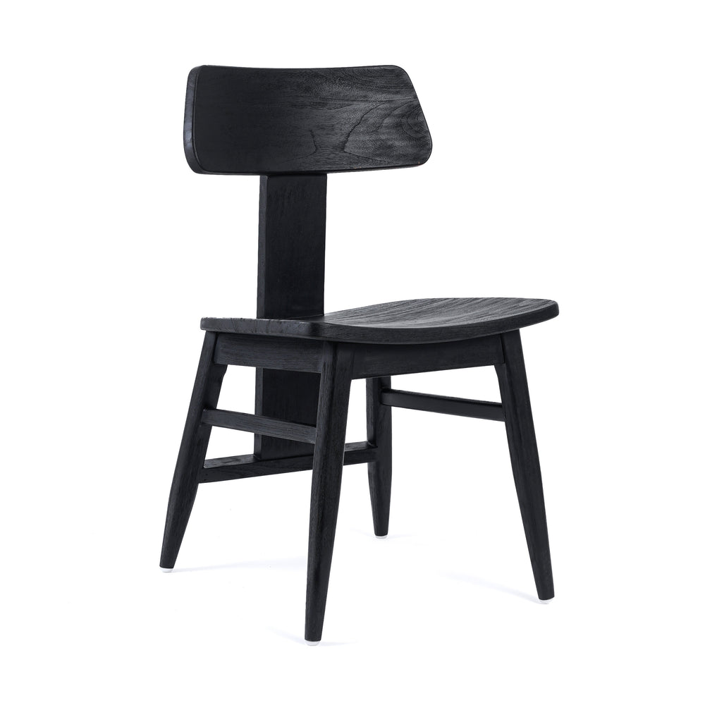 A black timber accent chair with a heavy vertical pillar, crafted from teak wood.