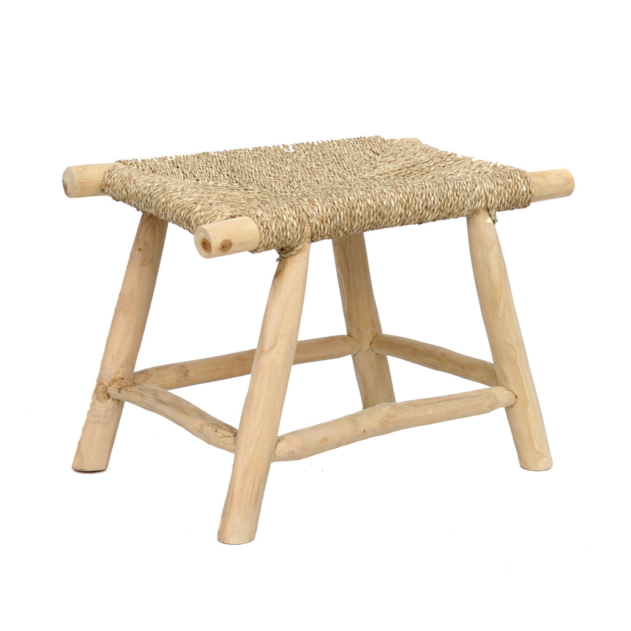 Medium seagrass stool with woven natural fibers for boho decor