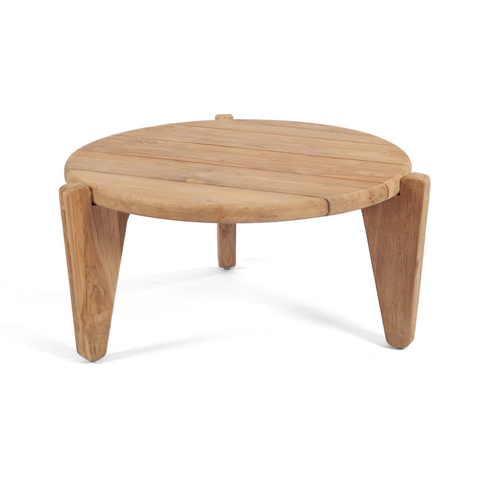 A reclaimed teak outdoor coffee table with a slatted tabletop and three tapered legs.