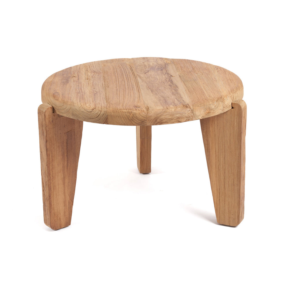60 cm solid teak coffee table with three tapered legs and a smooth rounded top.