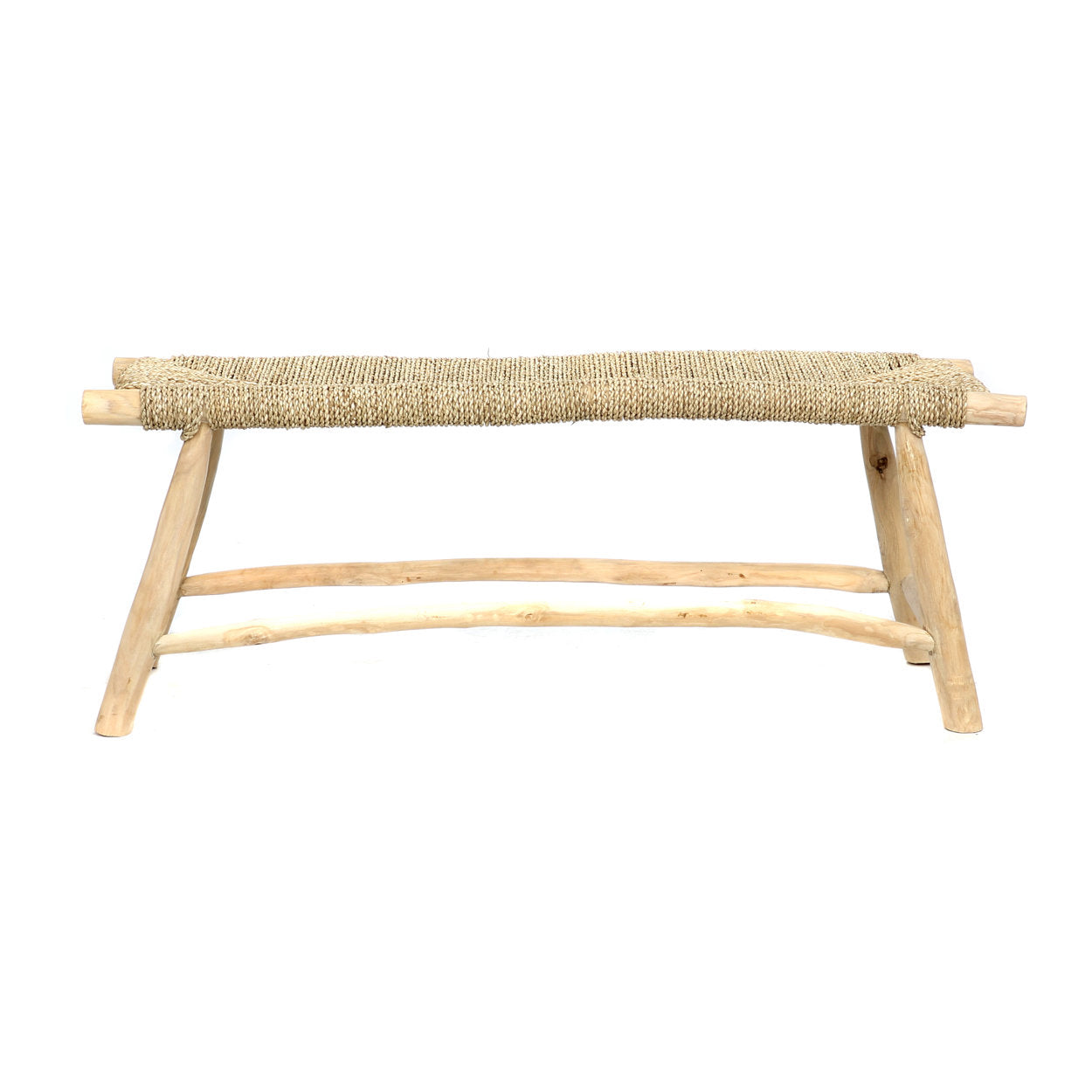 Handcrafted teak bench with comfortable seagrass surface