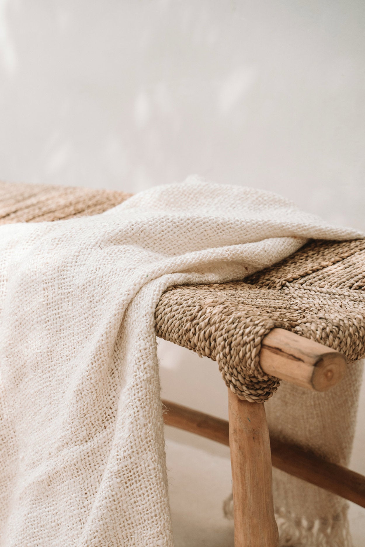 Eco friendly wooden bench with natural fiber seating