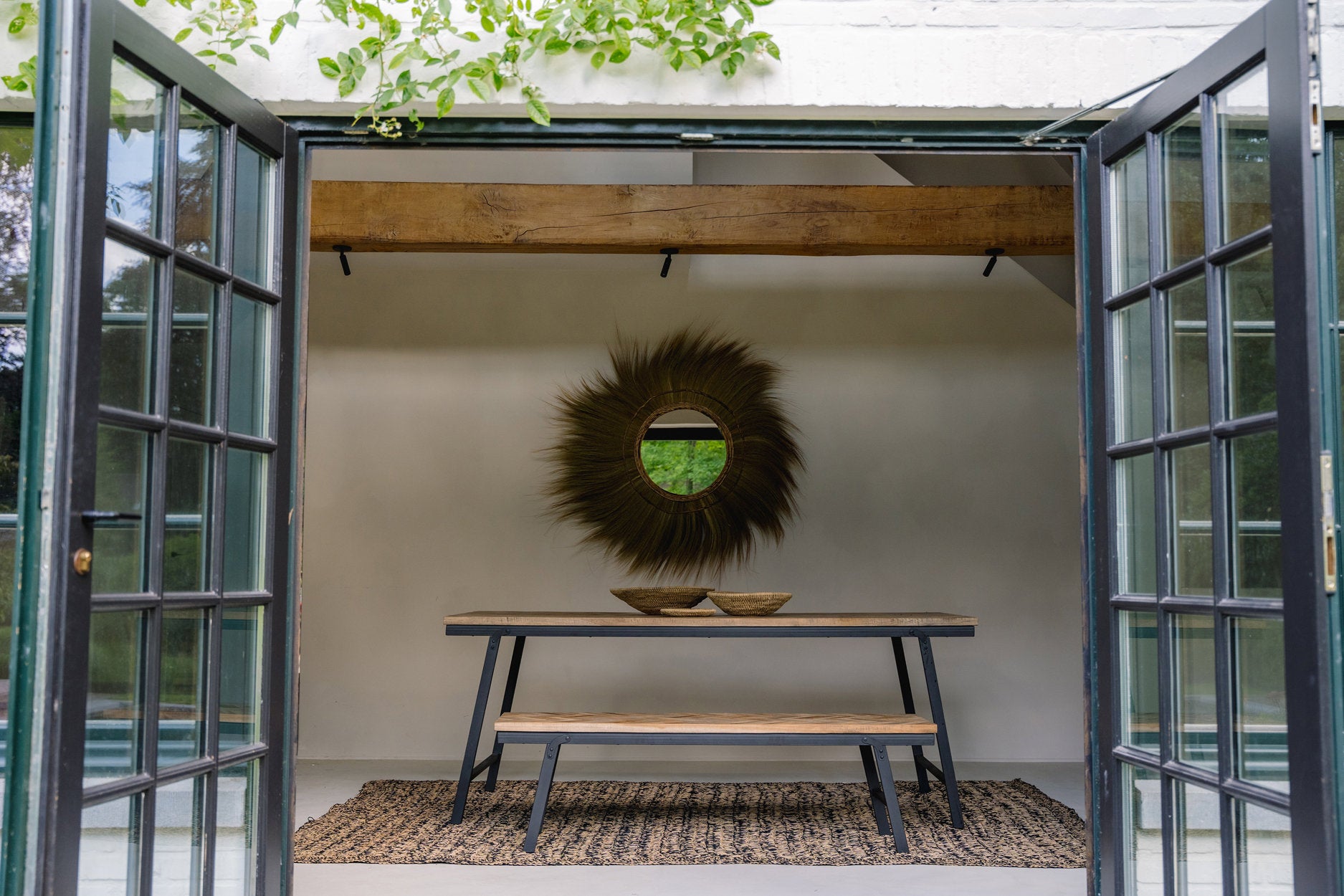 Stylish 150 cm herringbone bench made from teak wood and black iron