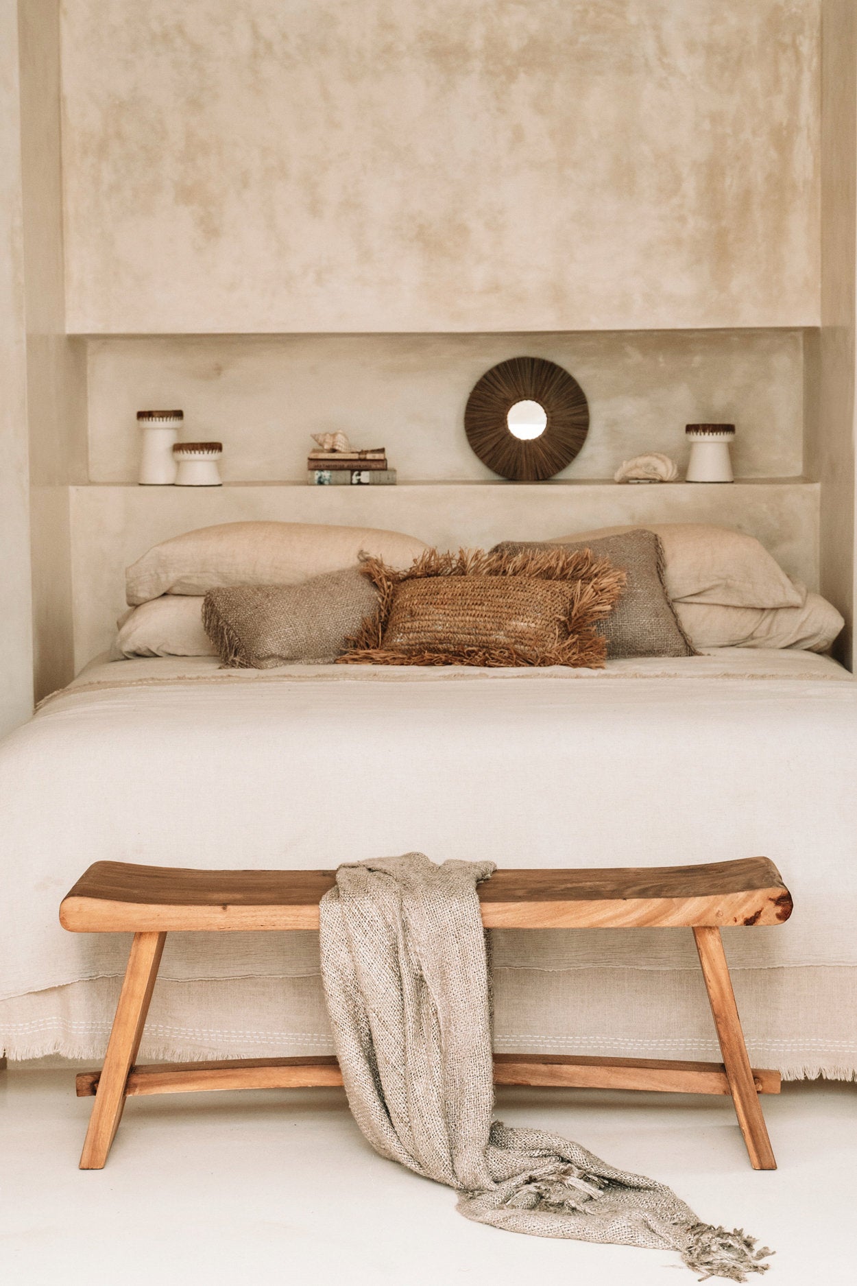 120 cm Suar wood bench, perfect for creating a cozy, boho-inspired space