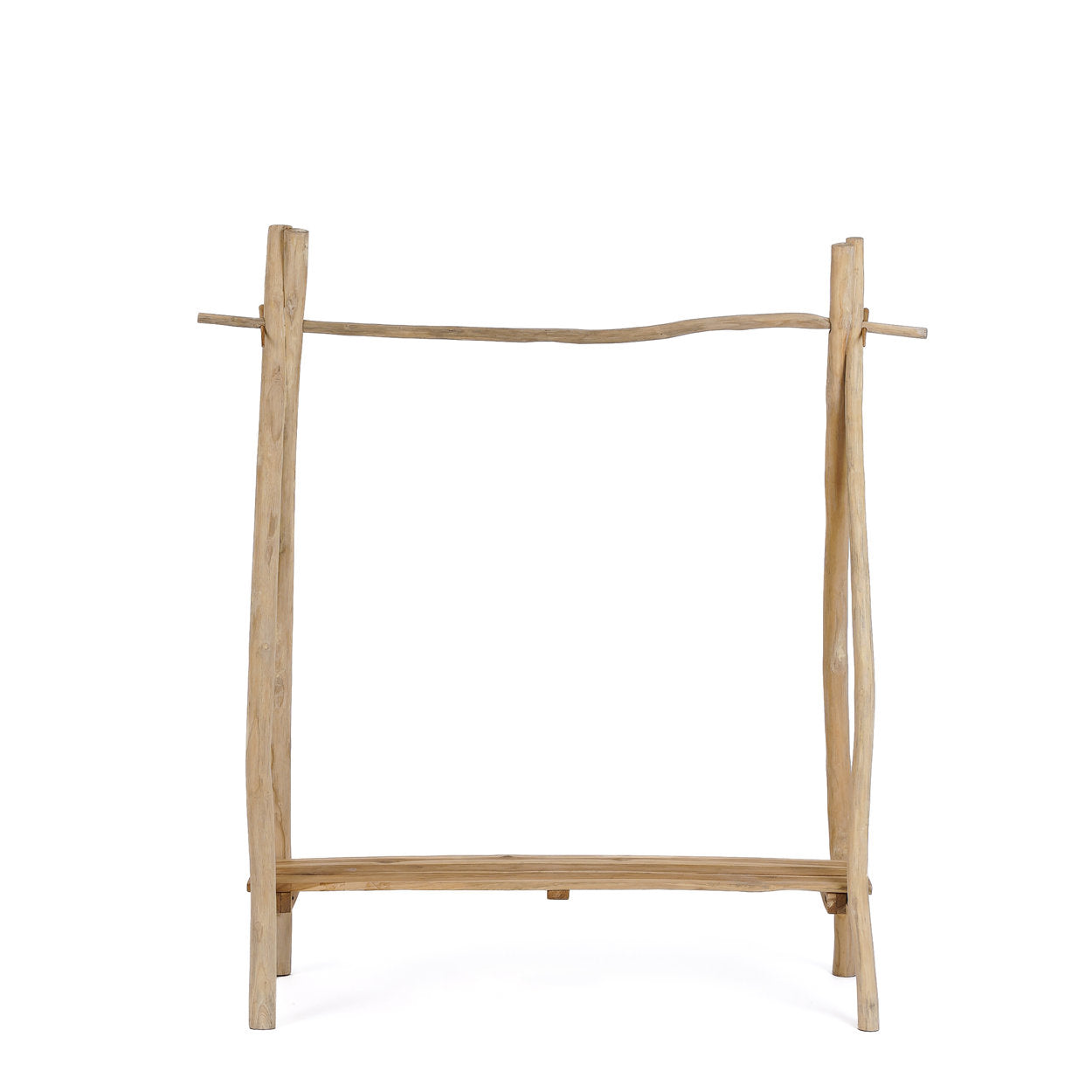 Handcrafted teak wood clothing rack for modern, minimalist interiors