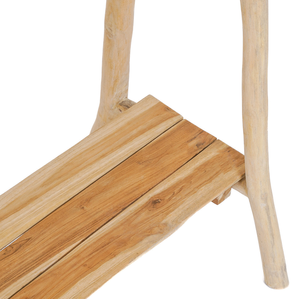 Teak wood rack for hanging garments with natural finish and artisanal design