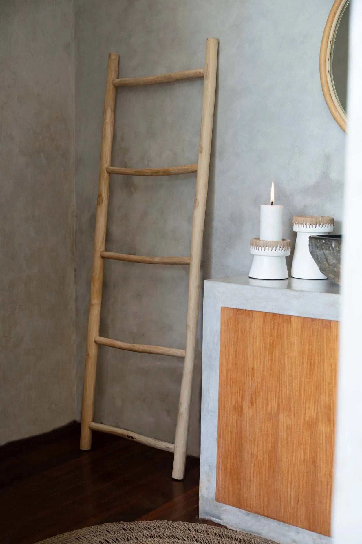 Handcrafted wooden towel ladder made from sustainable teak wood