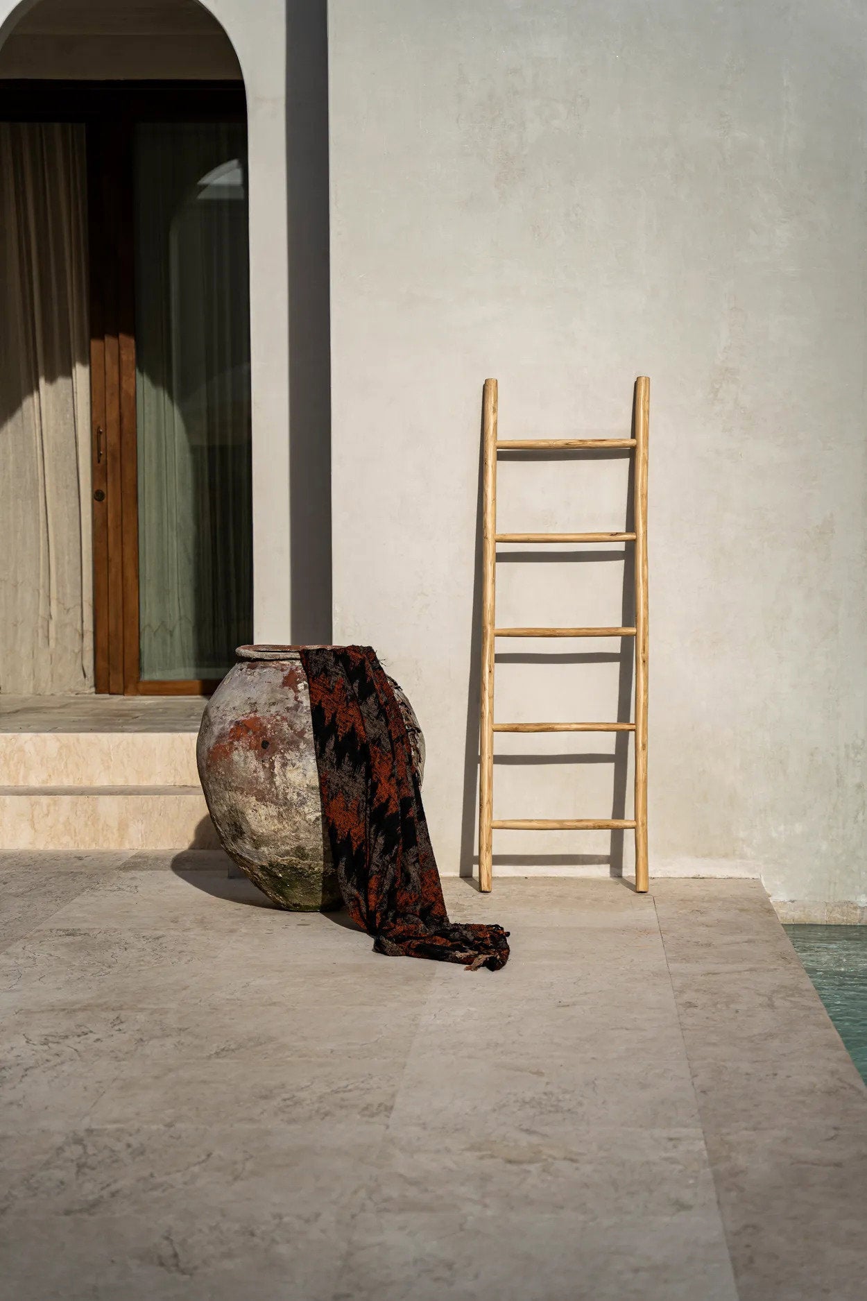 Boho-style decorative teak wood ladder for hanging textiles