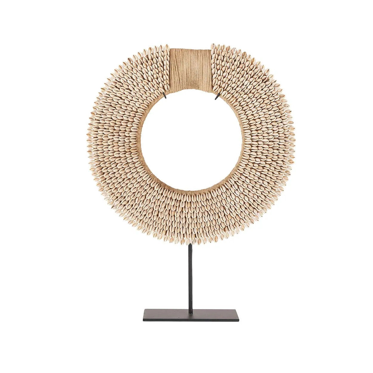 Shell stand display made from natural shell with handcrafted detailing on black iron base.