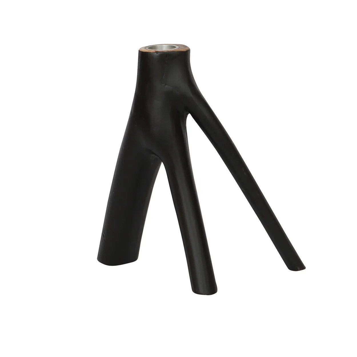 Black wood candle holder with organic triple-twig design, perfect for rustic or minimalist interiors