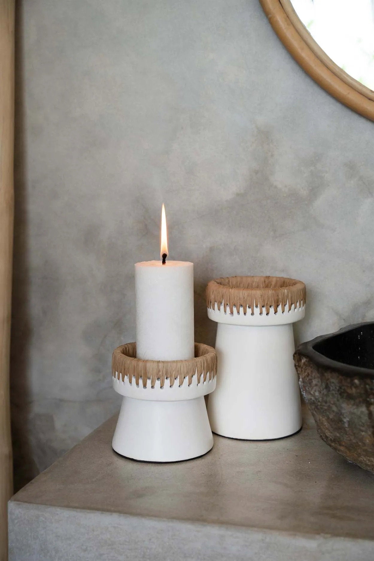 Small white natural candle holder handcrafted for pillar candles