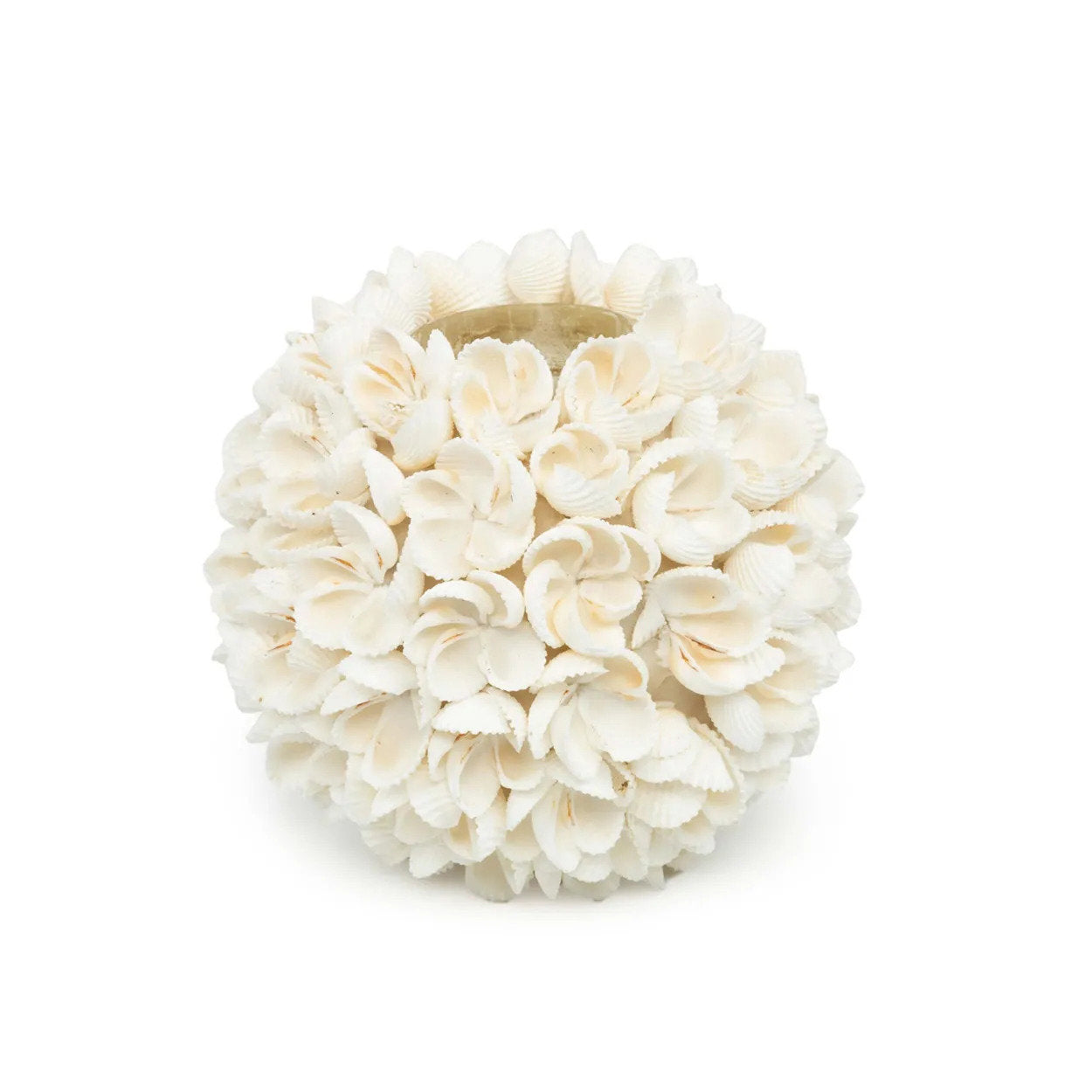 Flower candle holder with white seashell pattern and soft glow