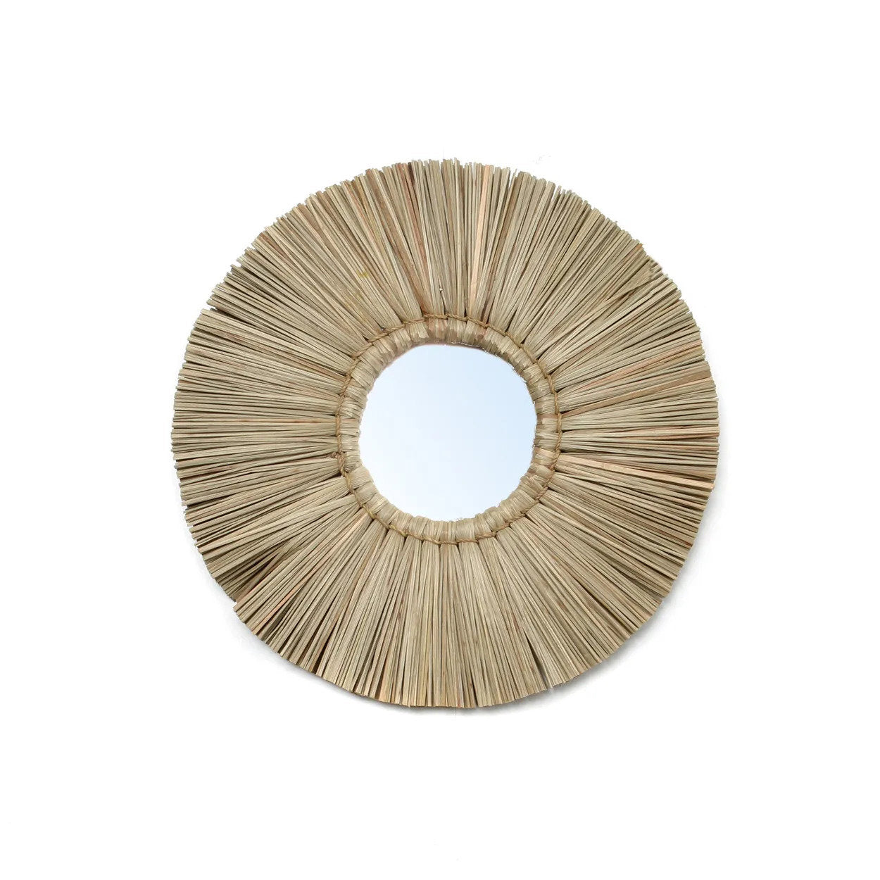 Round grass wall mirror with natural tones, perfect for adding eco-friendly charm to bohemian interiors.