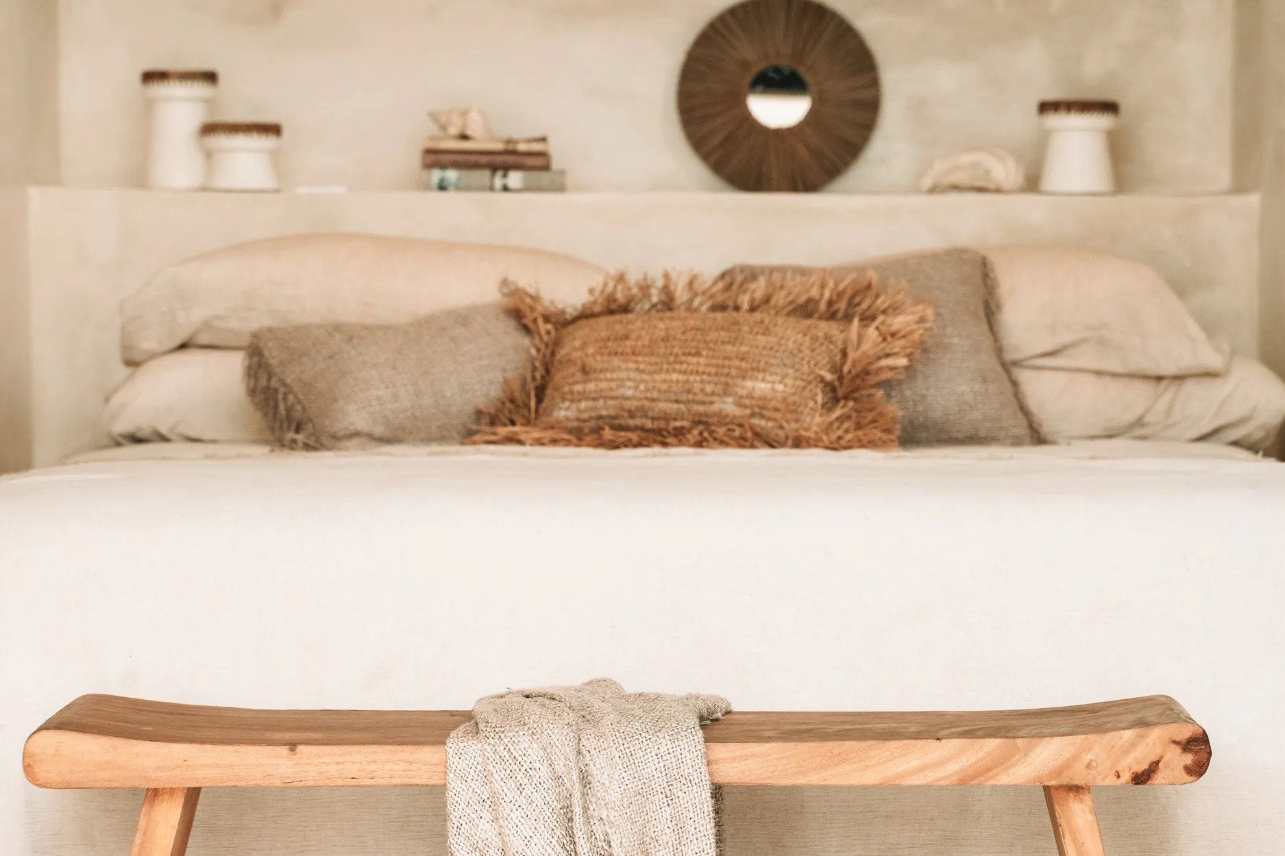 Eco-friendly natural wall mirror with warm tones, perfect for enhancing boho, rustic, or coastal home décor.