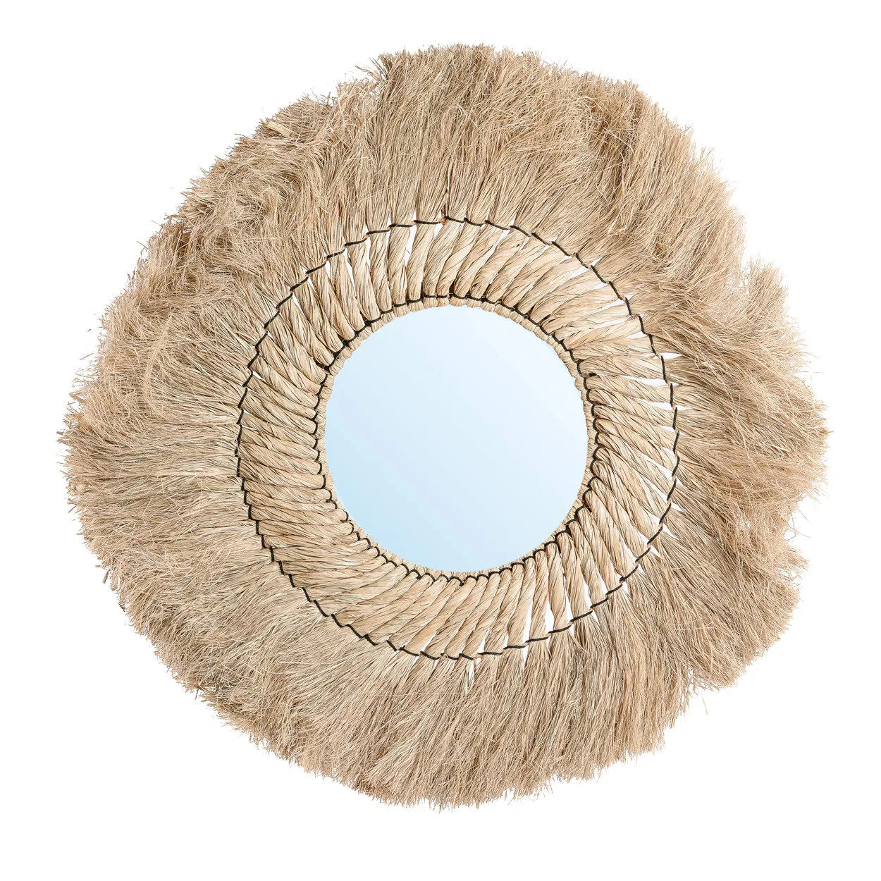 Large round wall mirror with soft grass frame, perfect for adding natural elegance to bohemian interiors.