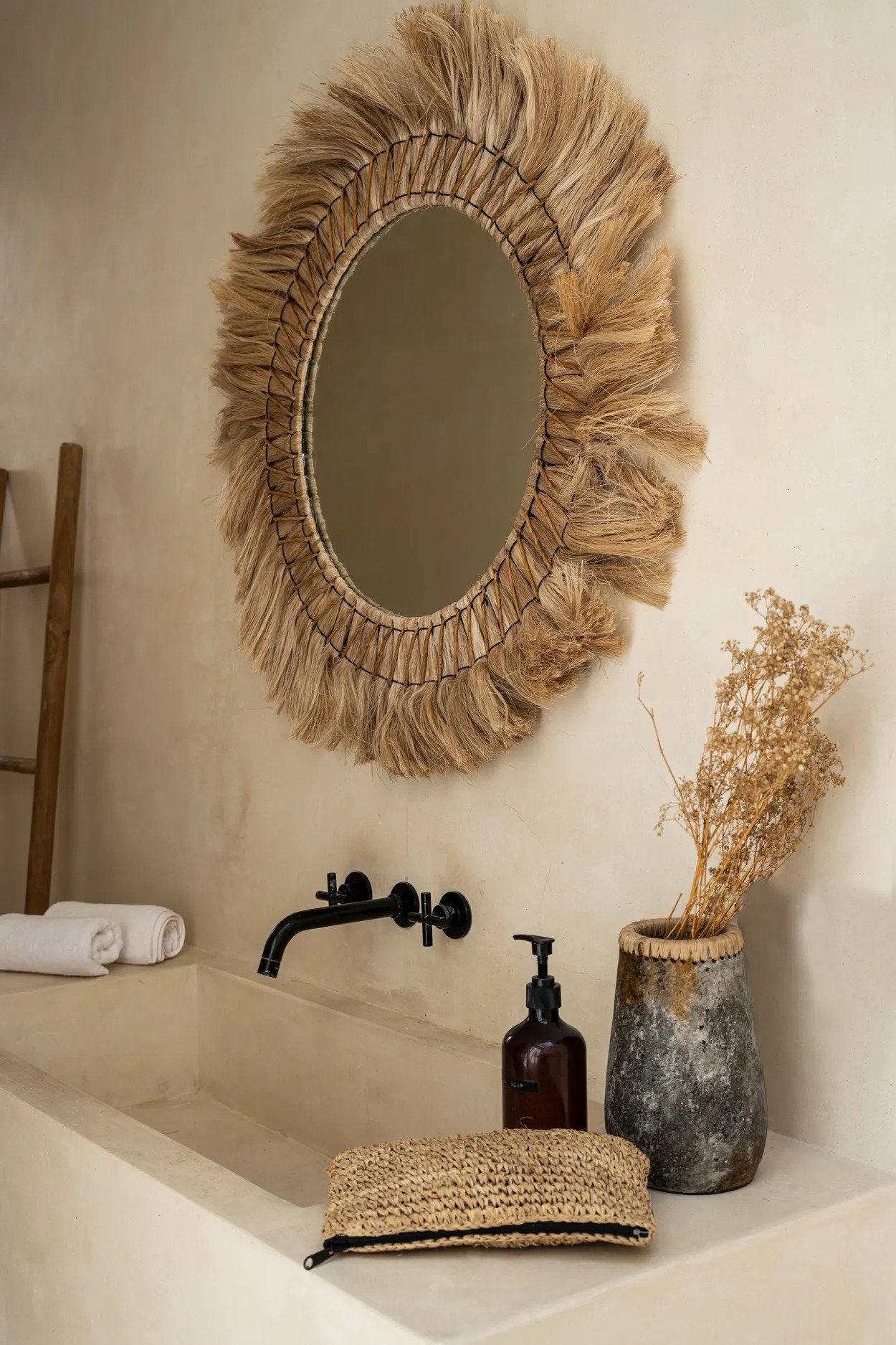 Handmade large grass framed mirror, ideal for living rooms, bedrooms, or entryways as a stylish statement piece.
