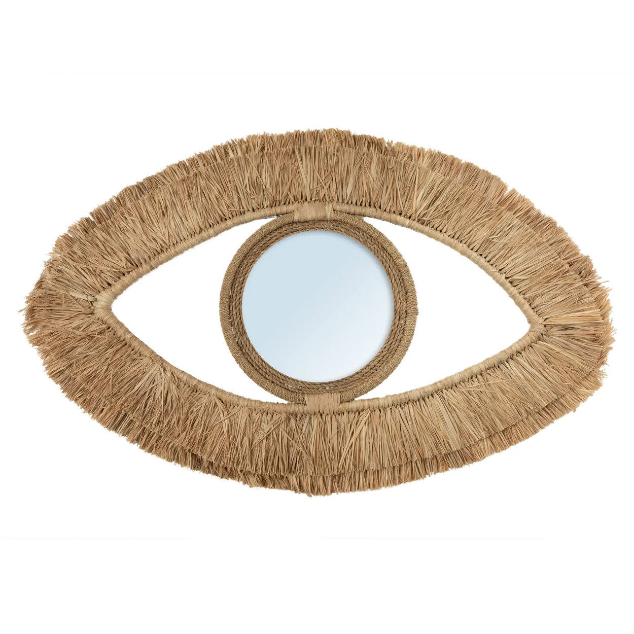 Handmade eye-shaped wall mirror crafted from natural raffia, perfect for adding rustic elegance to any interior.