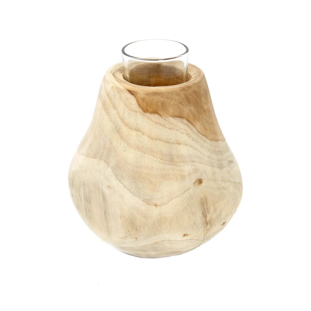 Teak wood candle holder with glass insert in boho-inspired design